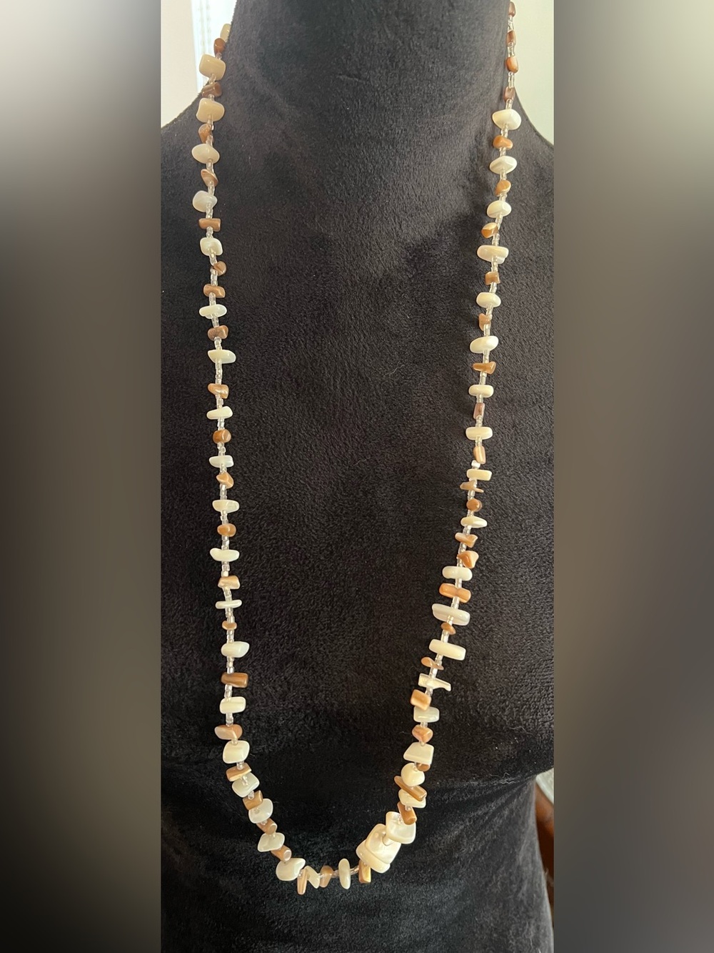Delicate Cream and Tan Beaded 36” Necklace - Women's Jewelry